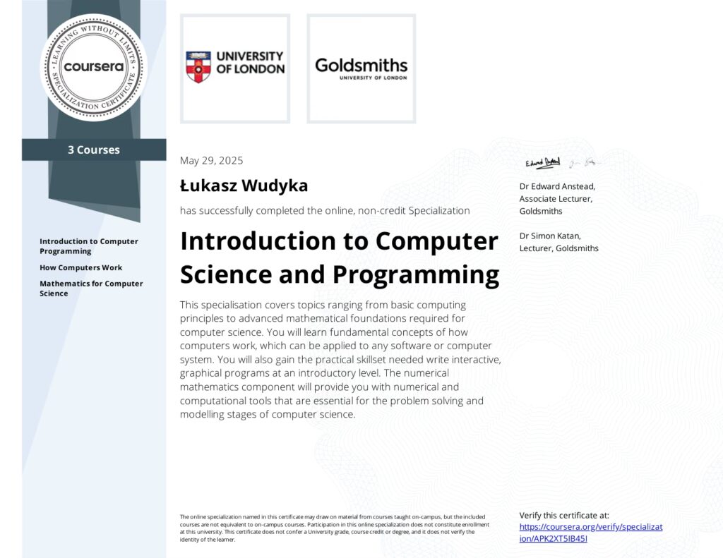Introduction to Computer Science and Programming – Coursera / Goldsmiths, 2025